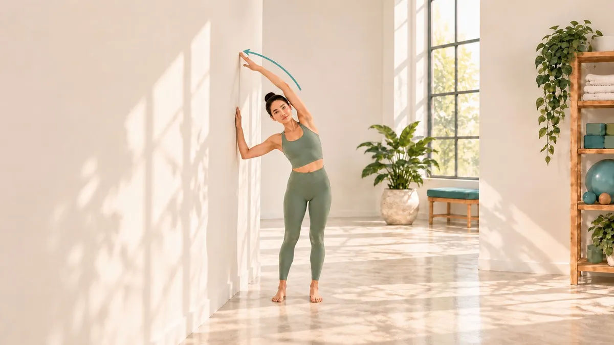 Latissimus Dorsi Stretch in Standing (arm overhead, at wall)