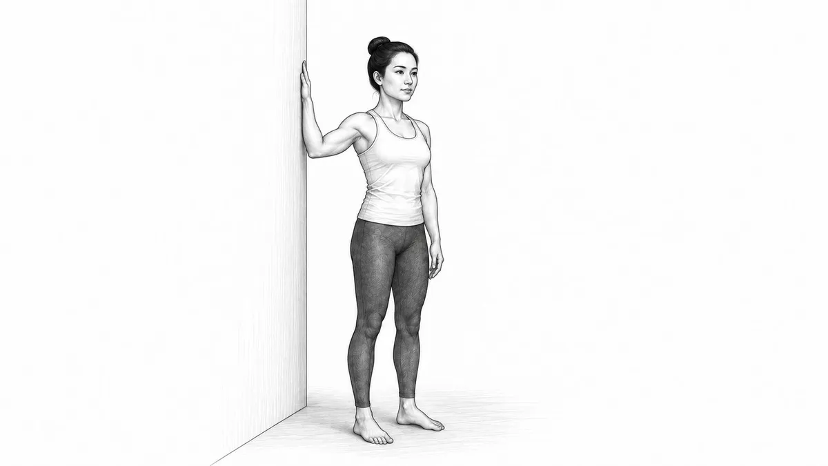 Step 1 for Latissimus Dorsi Stretch in Standing (arm overhead, at wall) exercise