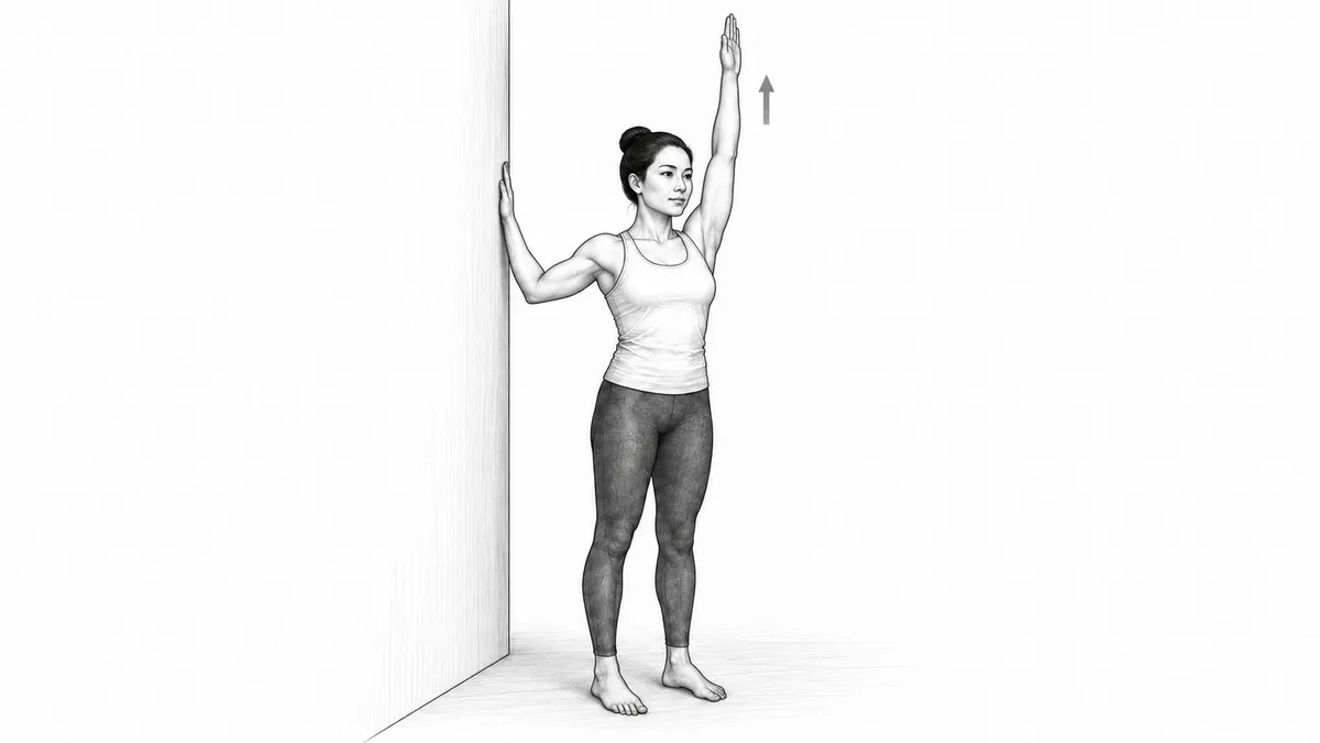 Step 2 for Latissimus Dorsi Stretch in Standing (arm overhead, at wall) exercise