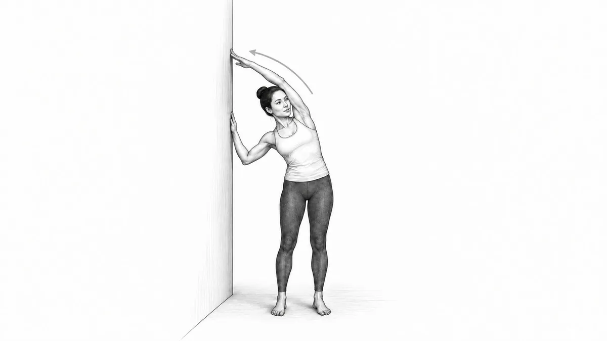 Step 3 for Latissimus Dorsi Stretch in Standing (arm overhead, at wall) exercise